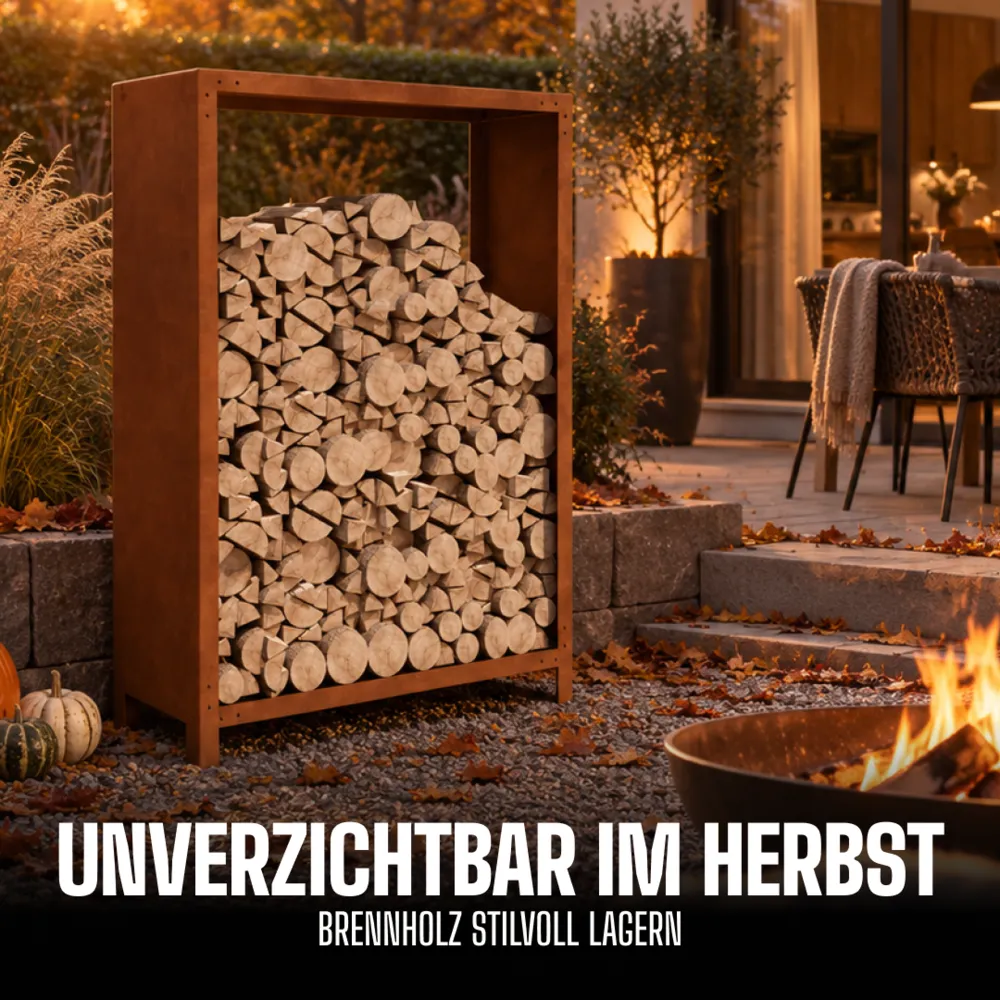 MySteel Werbemotiv „Cortenstahl Kaminholzregal“ in der Sprachfassung Deutsch