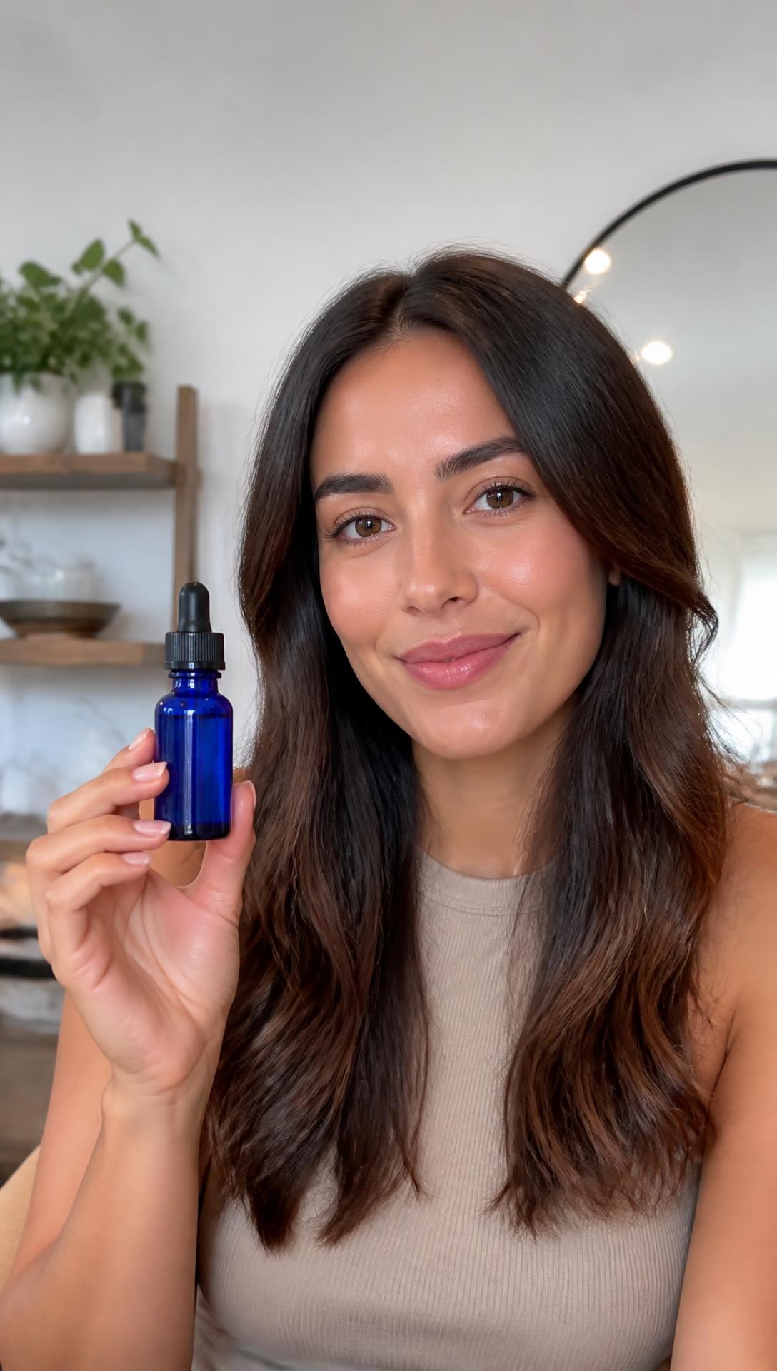 Fiktive digitale Presenter-Person mit unmarkiertem Skincare-Produkt