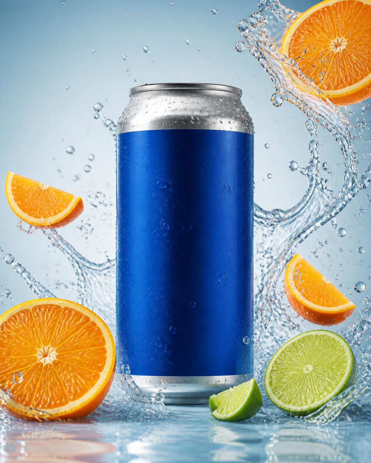 Fiktive blaue Getränkedose mit Wasser- und Zitruselementen