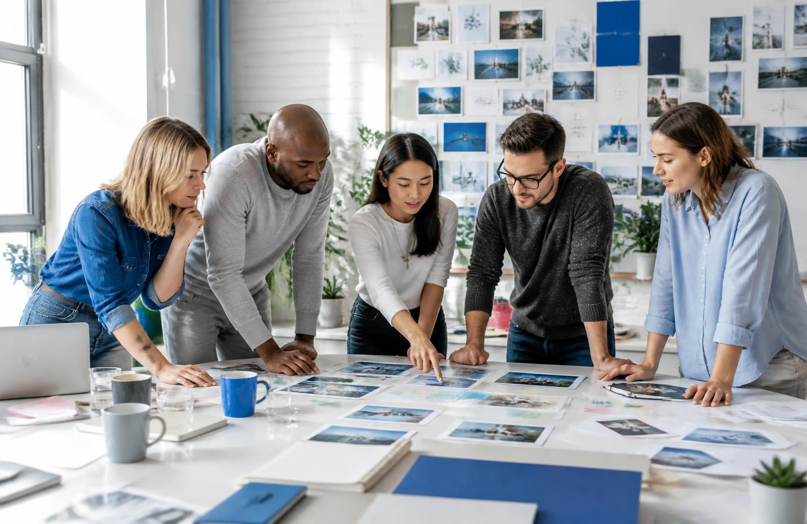 Redaktionsteam ordnet in einem hellen Studio Inhalte für mehrere Formate