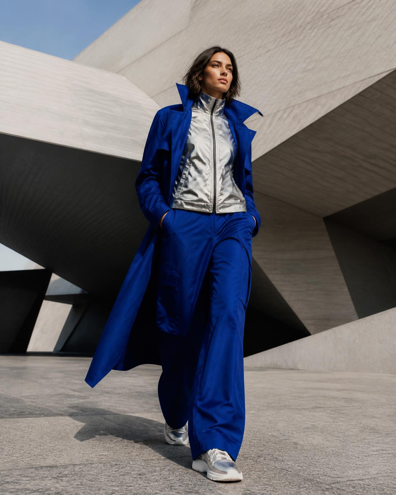Fiktives Fashion-Kampagnenmotiv in Blau und Silber