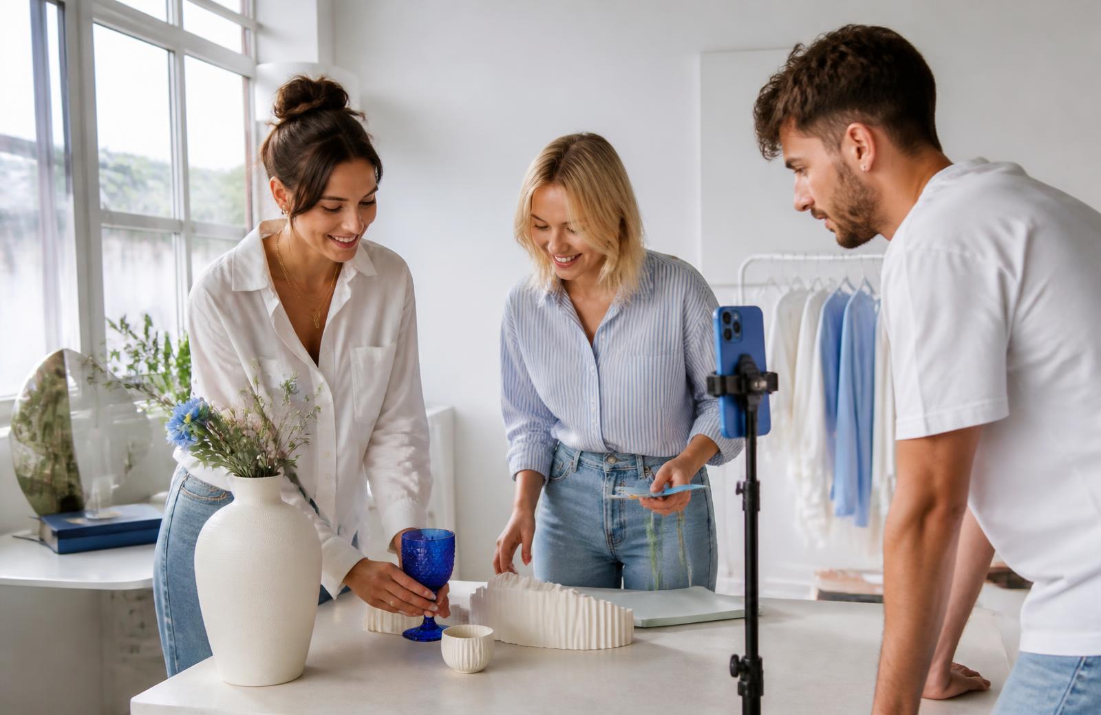 Kreativteam bereitet in einem hellen Studio ein vertikales Instagram-Video vor