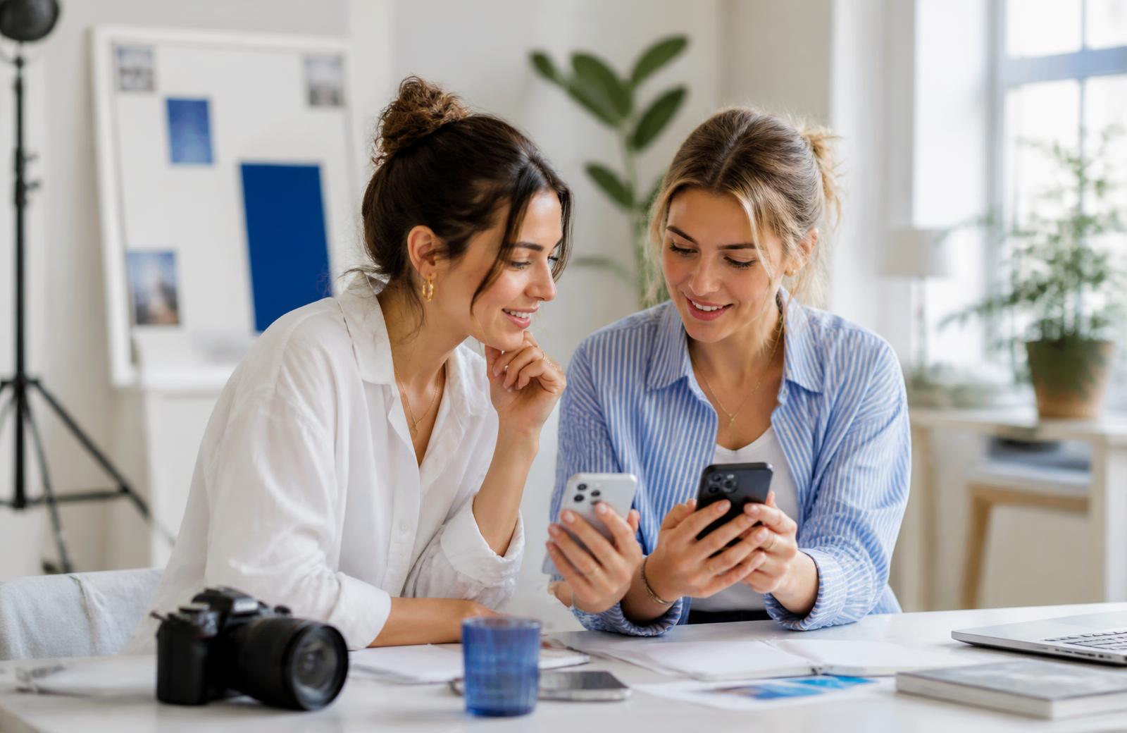 Zwei Kreative prüfen Instagram-Inhalte gemeinsam auf ihren Smartphones