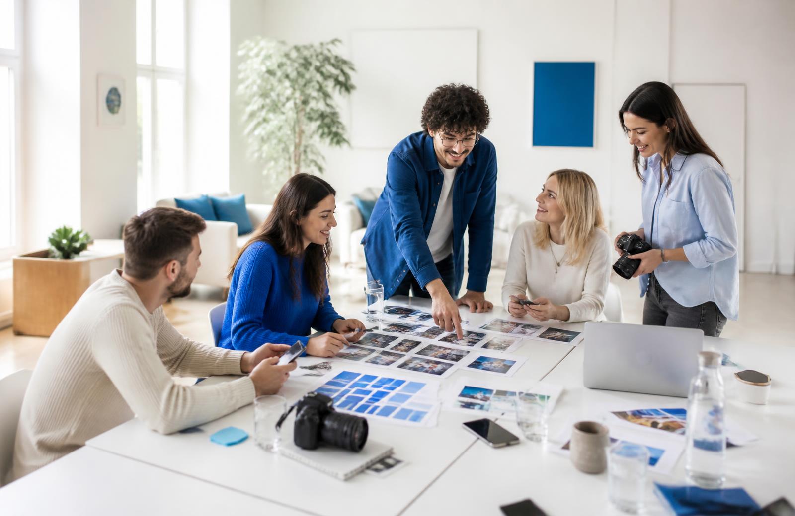 Kreativteam plant in einem hellen Studio gemeinsam Social-Media-Inhalte