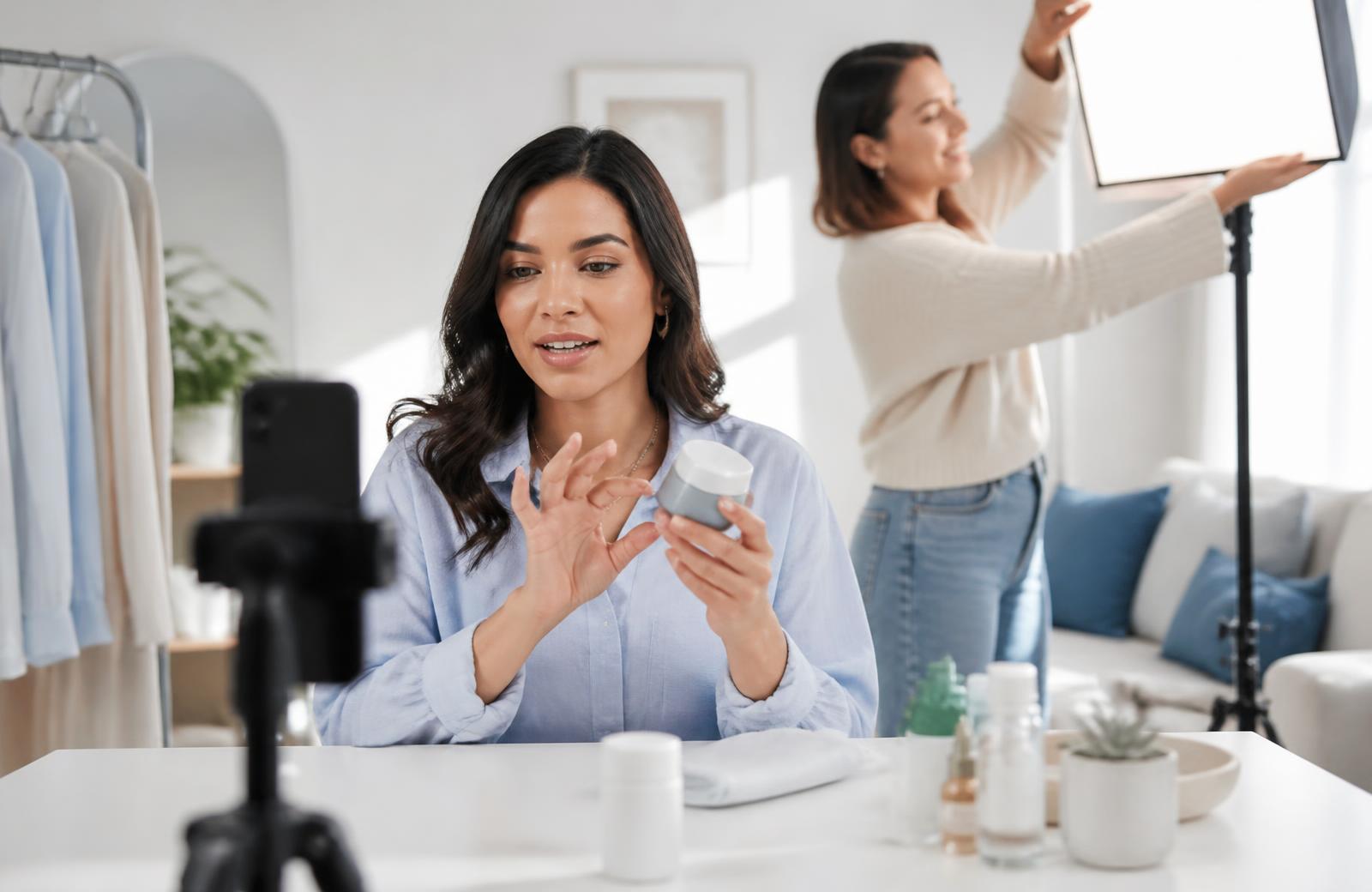 Creatorin demonstriert ein Produkt vor dem Smartphone in einem hellen Studio