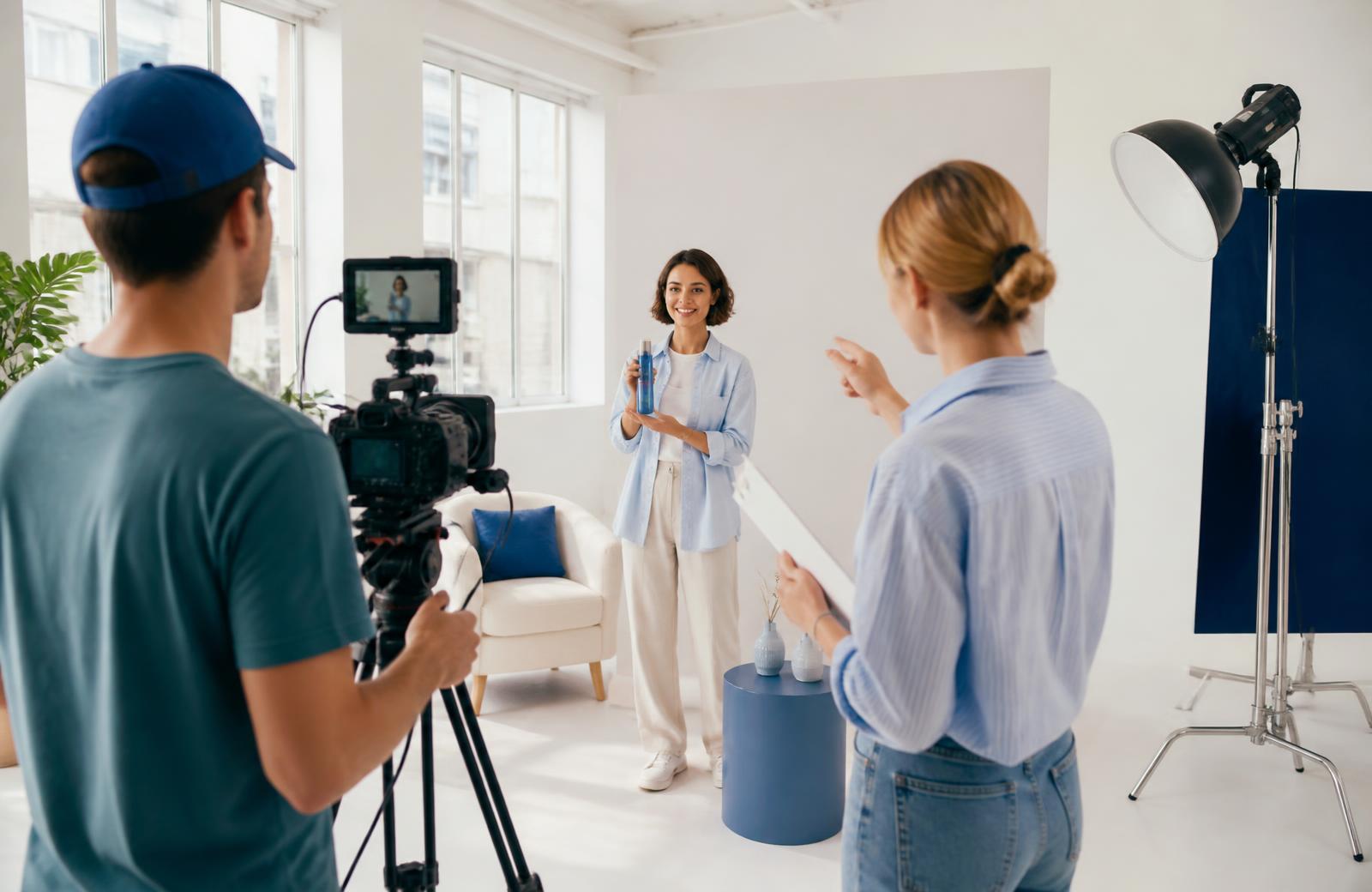 Videoteam dreht in einem hellen Studio eine vertikale Produktaufnahme